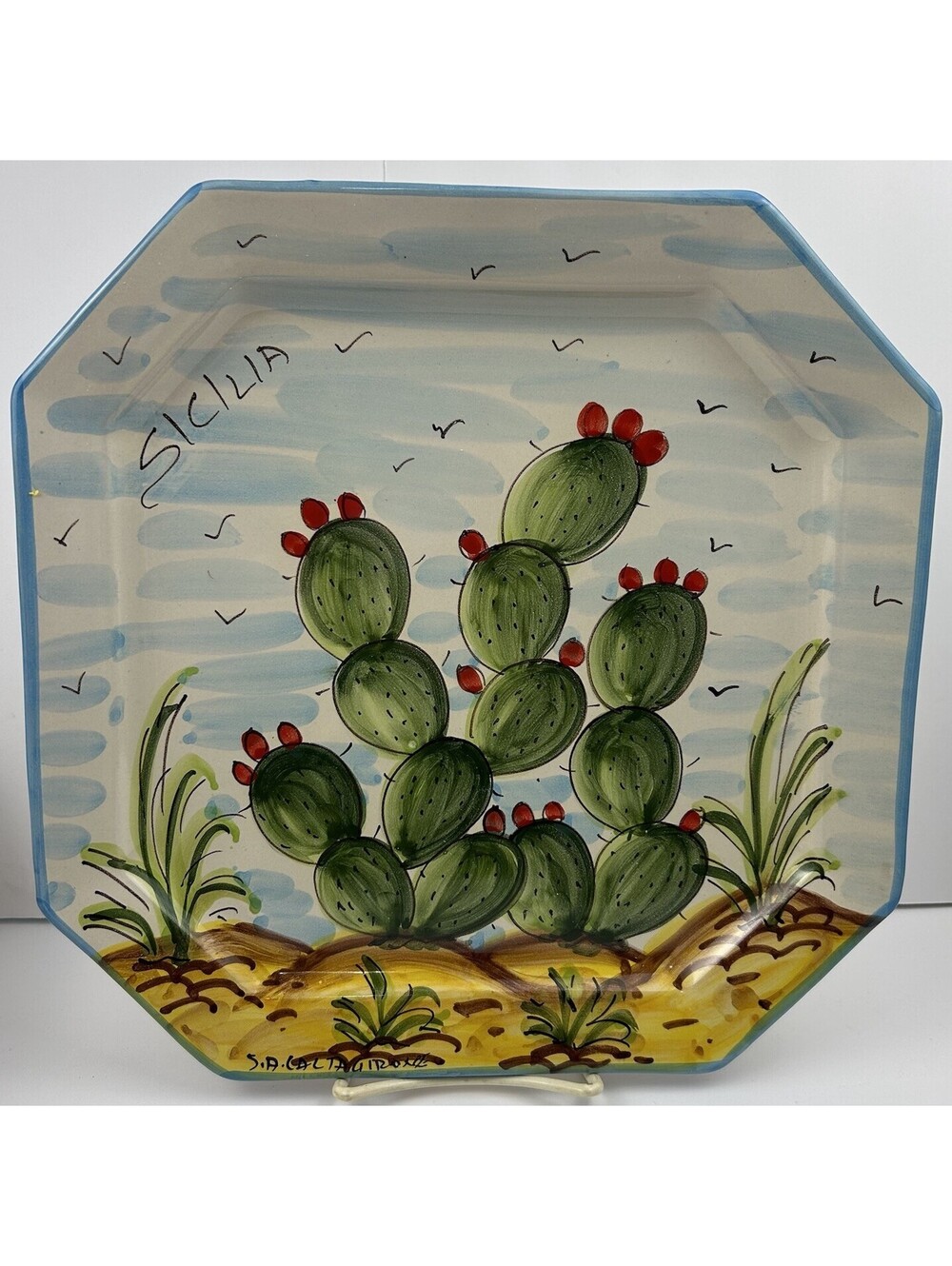 VTG Caltagirone Sicily Hand Painted Octagonal Ceramic Wall Platter Cactus READ